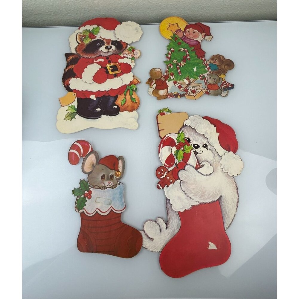 Vintage Christmas Red Velvet Accented Paper Cutout Decoration Mouse Elf Raccoon - Picture 11 of 16